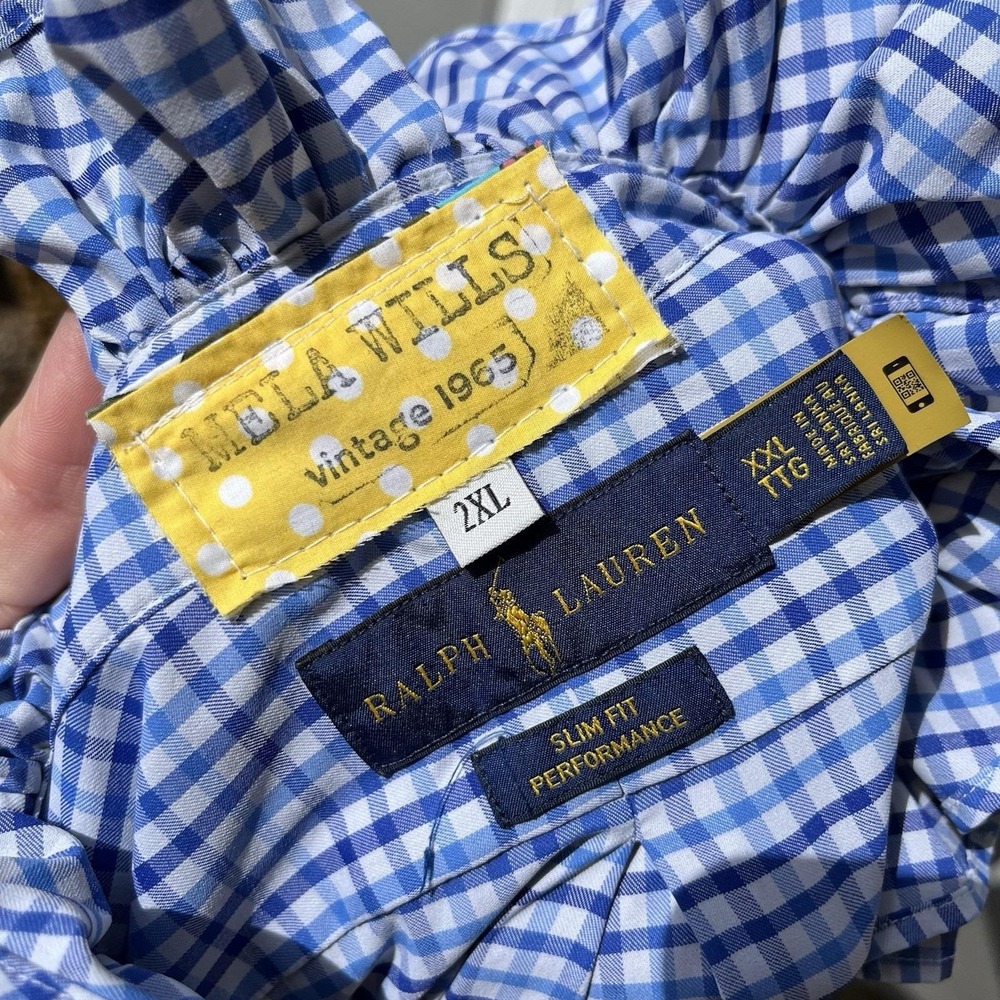 Upcycled Re-worked Ralph Lauren Performance Blue Check Ruffle Collar Shirt XXL - Picture 6 of 9